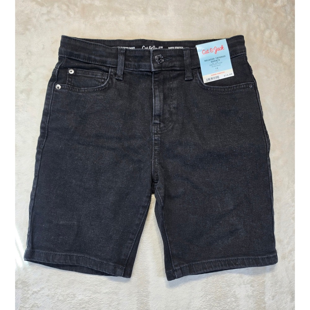 Cat & Jack Boys Black Relaxed Tapered Denim Shorts Super Stretch Size 12 NWT